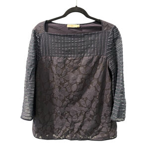 Tori Burch Lace Lined Size Medium Navy Blue Blouse Top Cotton Blend Work Floral